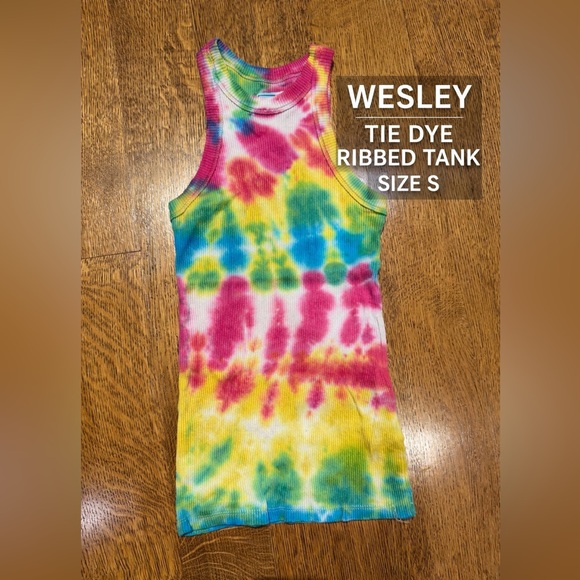 Wesley Tops - WESLEY Tie Dye Ribbed Racerback Tank Top Size S Colorful Stretch Knit